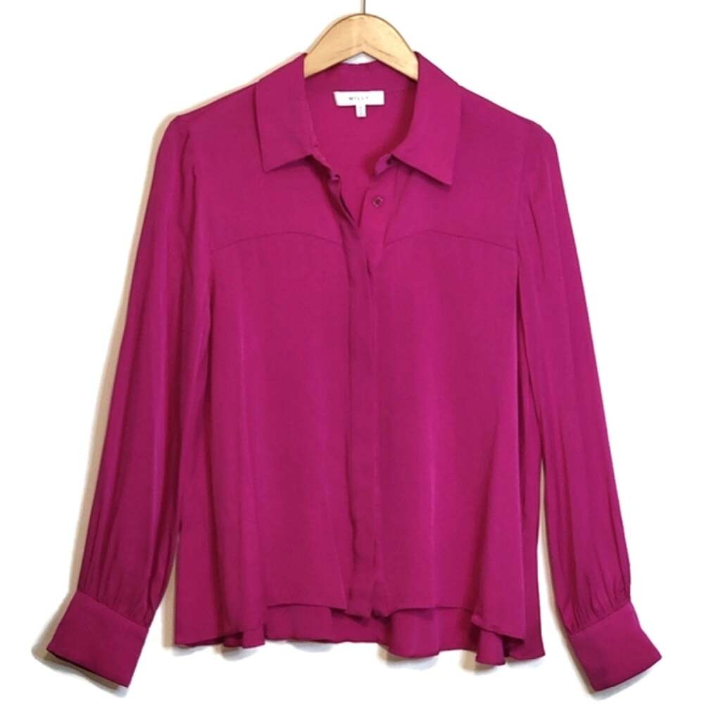MILLY Silk Button Front Long Sleeve Blouse Fuchsia Pink Purple Size 10 Chic